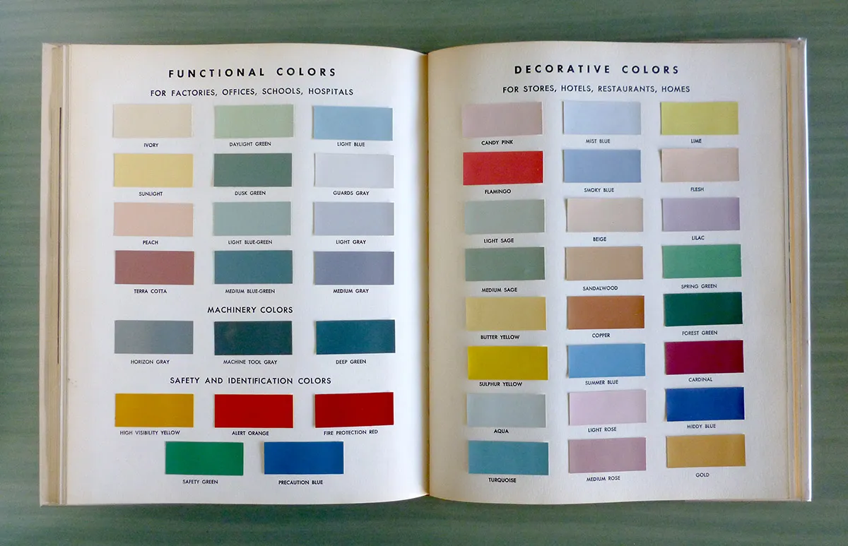 The institutional colour palette of 1956, demonstrated via tipped-in paint swatches.